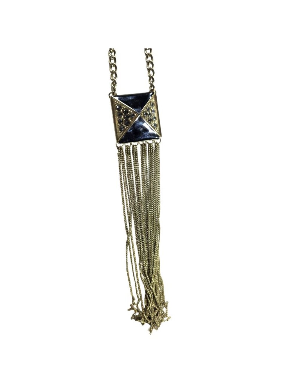 Vera Wang Gold-Tone Tassel Necklace Black Enamel Rhinestone Pendant Jewelry